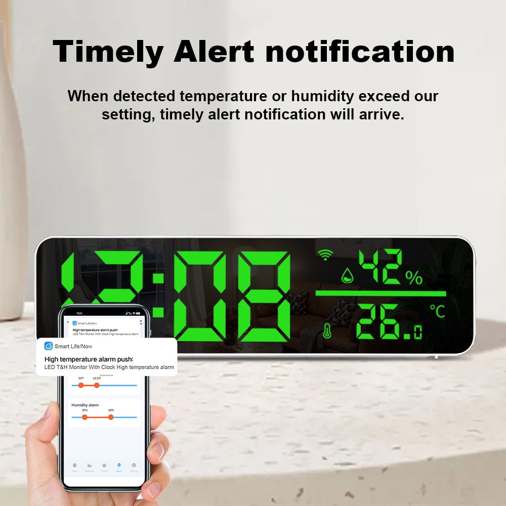 WiFi Digital Clock with Temperature and Humidity Sensor APP Smart Alarm Clock LED Time Display Real-time Monitoring Temp Humidity for Living Room Office Bedroom Decor Indoor Thermometer