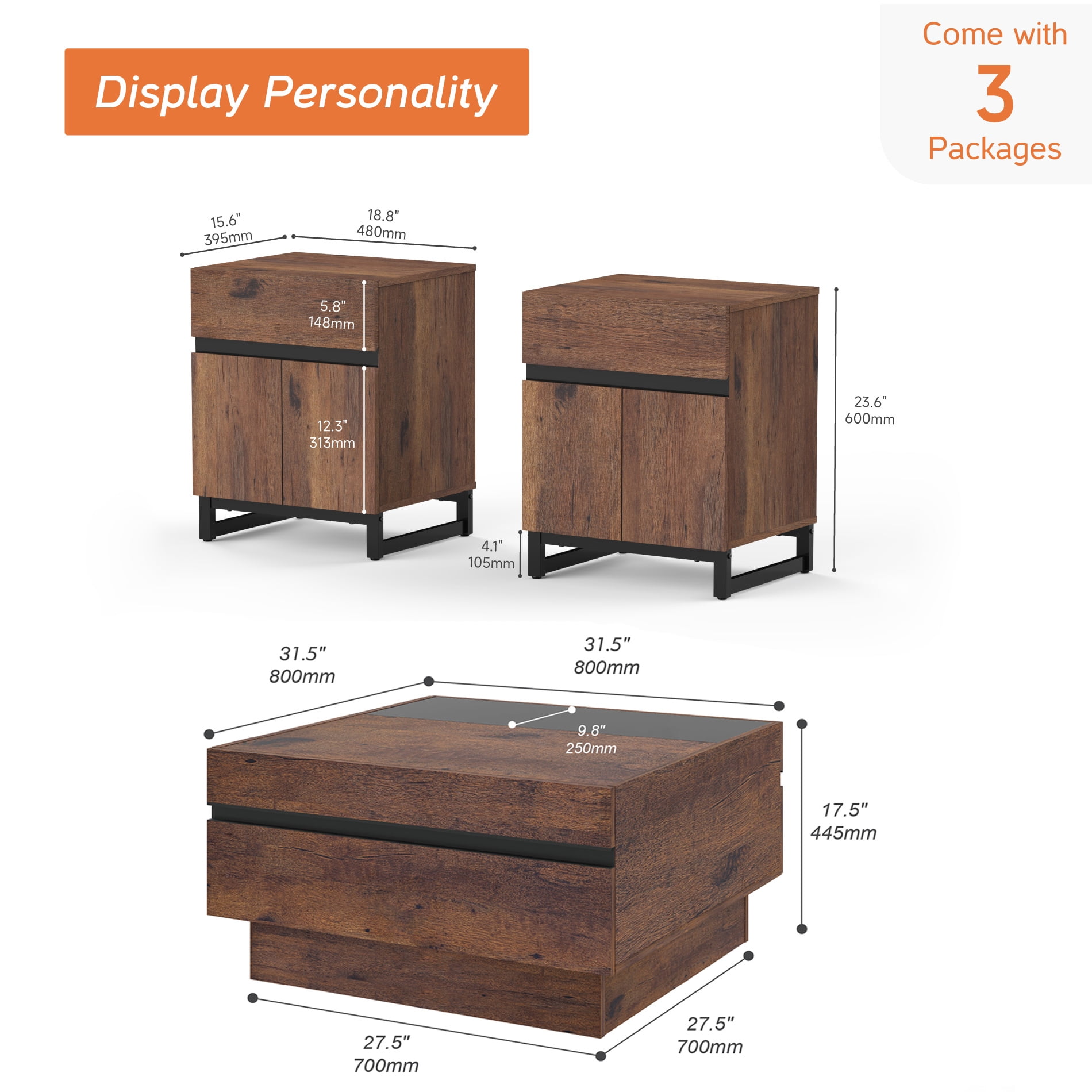 3-Piece Living Room Table Set, Modern Square Coffee Table with Tempered Glass Top, 2 End Tables with 2 Drawers & Black Iron Legs, Walnut Wood Grain，Brown