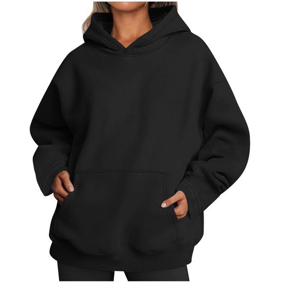 RXIRUCGD Womens Oversized Hoodies Fleece Sweatshirts Long Sleeve Sweaters Pullover Fall Outfits With Pocket, Black, Size: 2XL