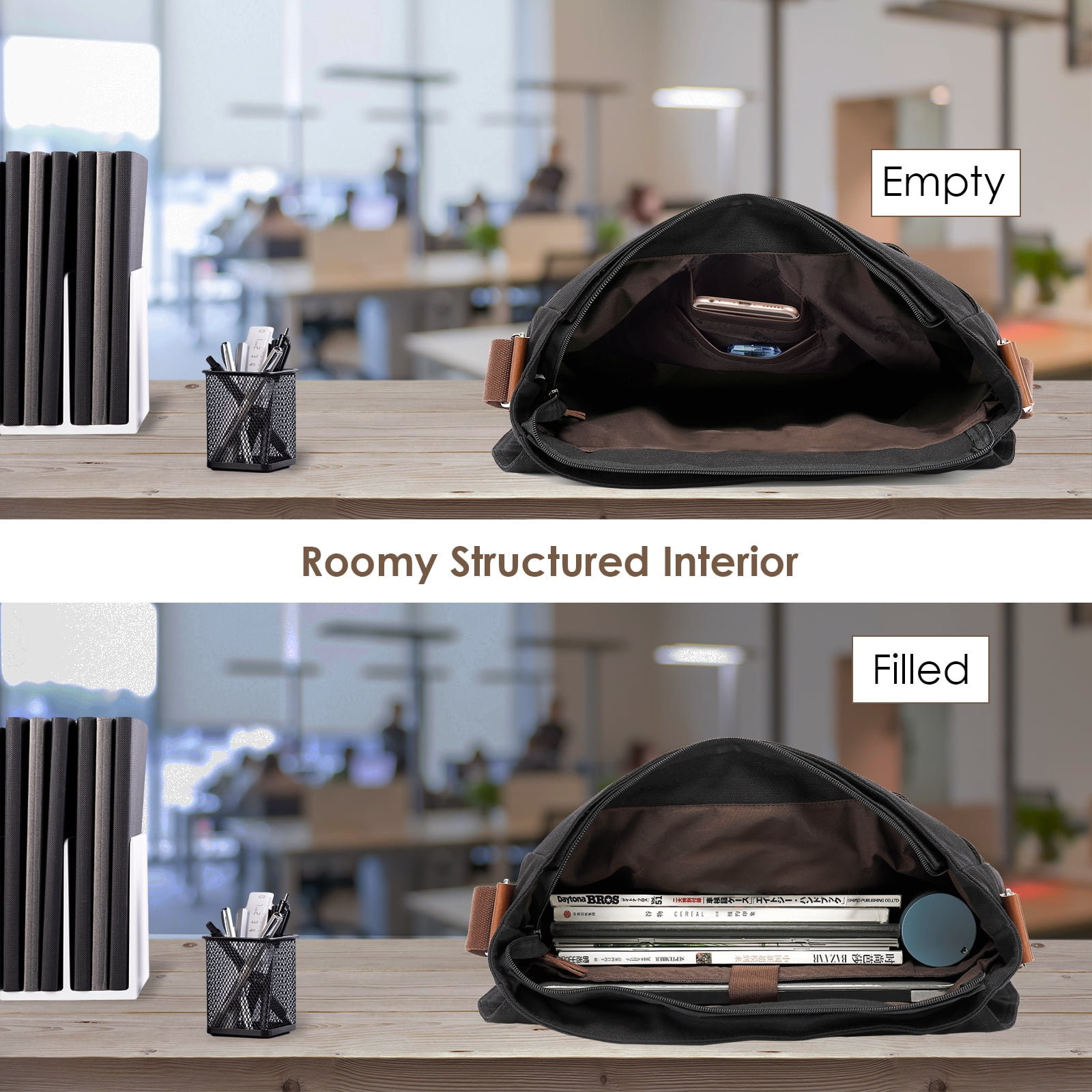 Canvas Messenger Bag 13. 5" Laptop Bag for Men Women for School Work Travel - Black