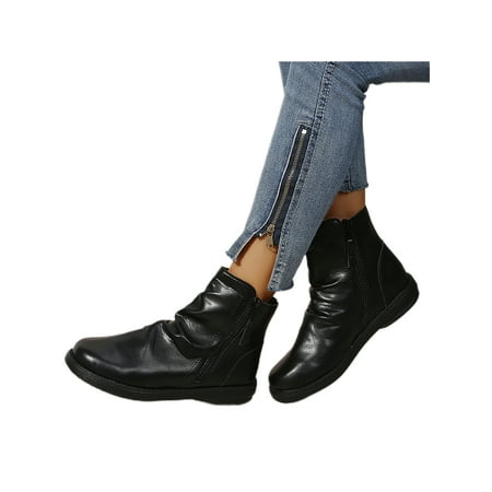 

SIMANLAN Women s Slouchy Ankle Boots Western Boot Zip Up Flat Heel Wide-calf Buckle Round Toe Boots Black 8.5