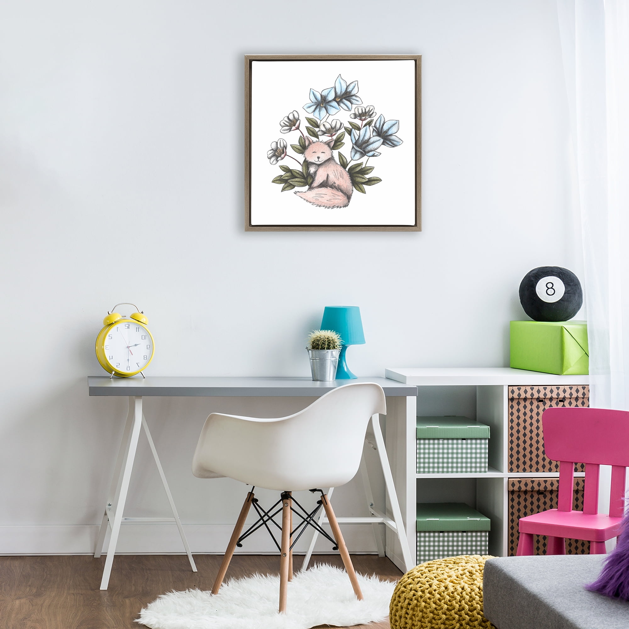 Gentle Fox with Flowers Brown Framed Floater Canvas Wall Art, design by Cecilia Battaini