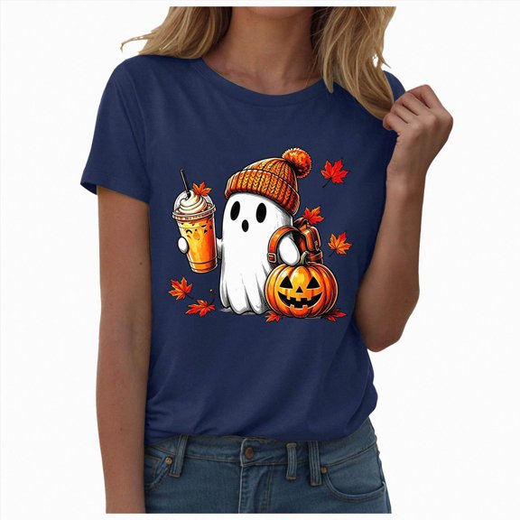 TOWED22 Fall Shirts for Women Casual Cute Pumpkin Ghost with Coffee Graphic T-Shirts Novelty Halloween Tee Autumn Thanksgiving Tops(Navy,XXL)