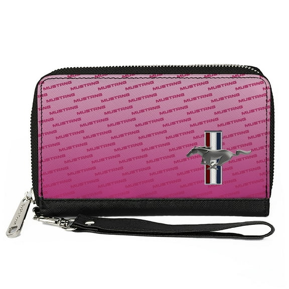 Ford Wallet, Zip Around, Ford Mustang w/Bars CORNER w/Text Pinks, Vegan Leather