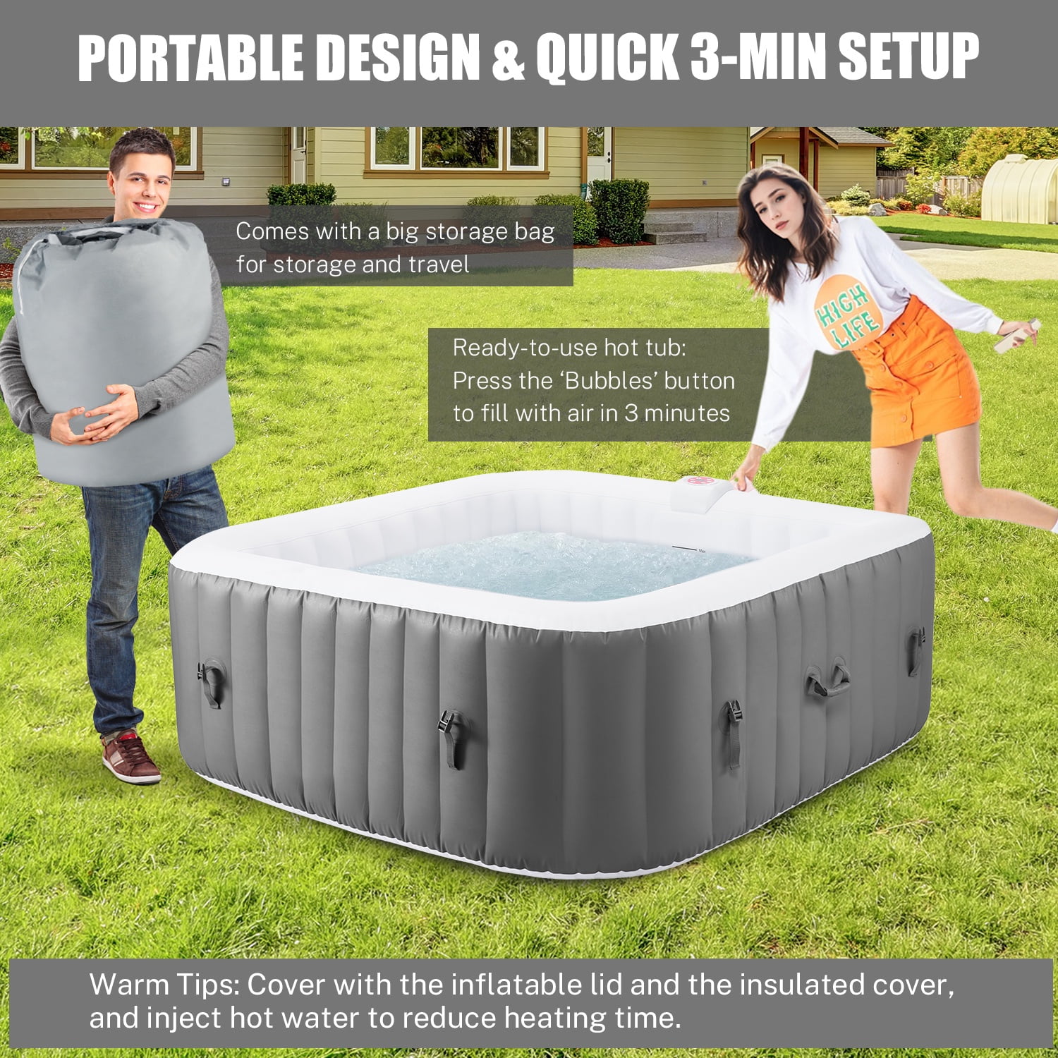 73in Square Hot Tub for 4-6 Person, Seizeen Inflatable Hot Tub Home SPA for Outdoor, 910L Capacity, 130pcs Massage Jets, w/4 Filters, Lockable Cover, Storage Bag, 2 Cup Holder, Gray