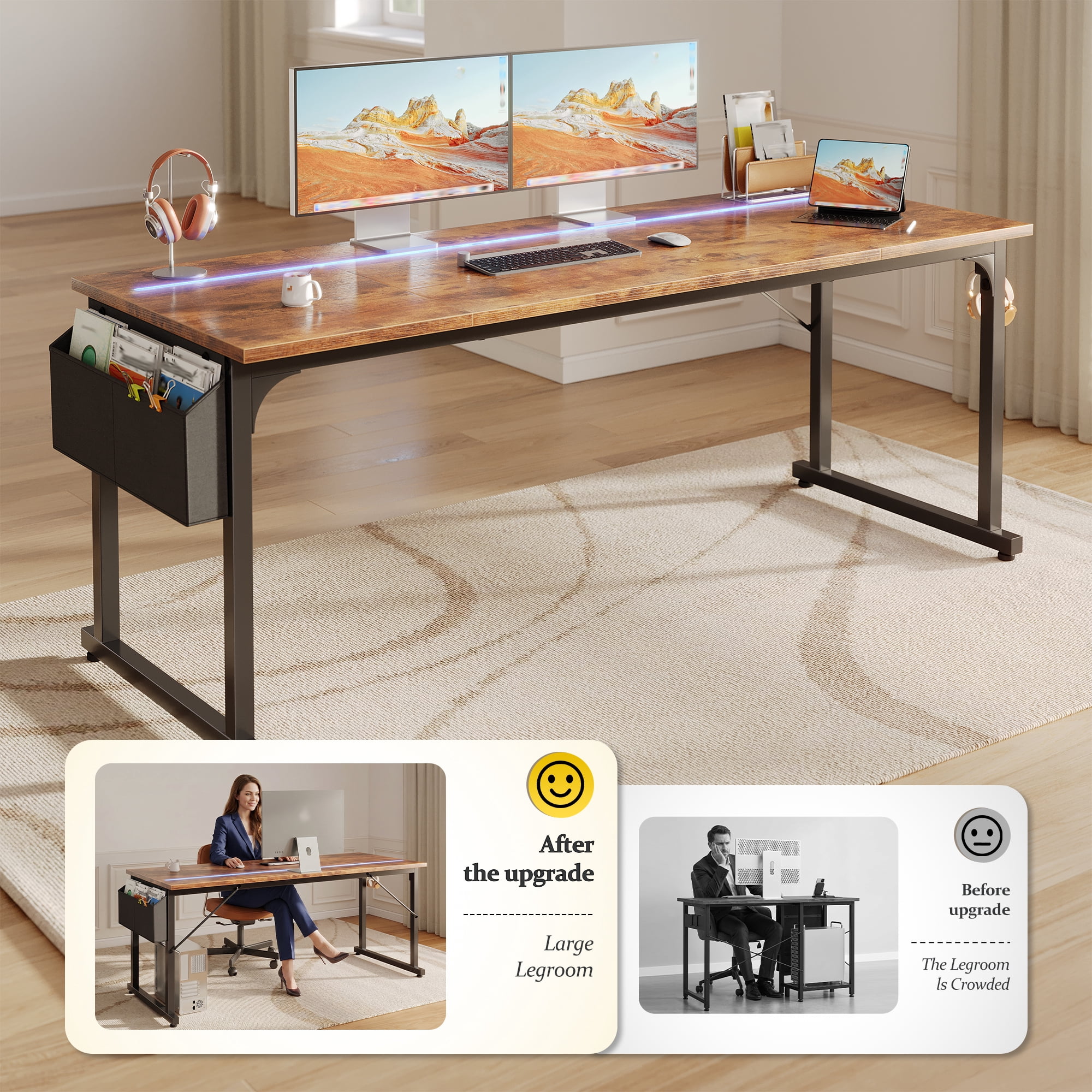 Romorgniz 63 Inch Computer Desk with LED Lights for Small Spaces, Home Office Desk with Storage Bag, Headphone Hook, Rustic Brown