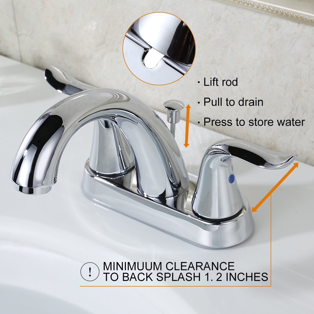 WOWOW 4 inch Bathroom Faucet 2 Handle Faucet for Bathroom Sink 3 hole Stainless Steel Faucet with Drain, Chrome