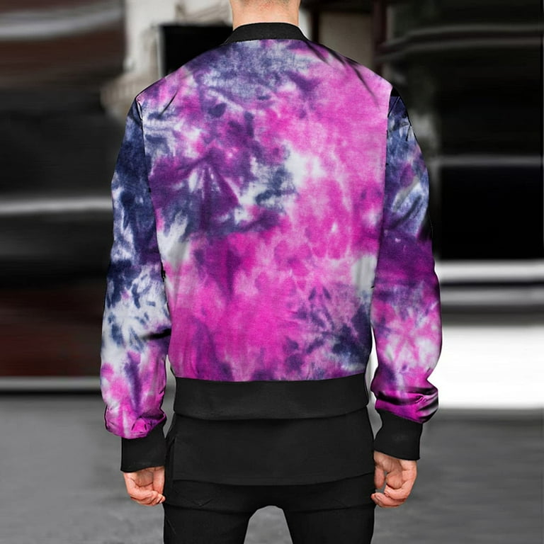 safuny Men's Bomber Jacket Coat Zipper-Up Casual Dipdye Cloud Fall Trendy  Comfy Holiday Winter Tops Long Sleeve Stand Collar Purple XL