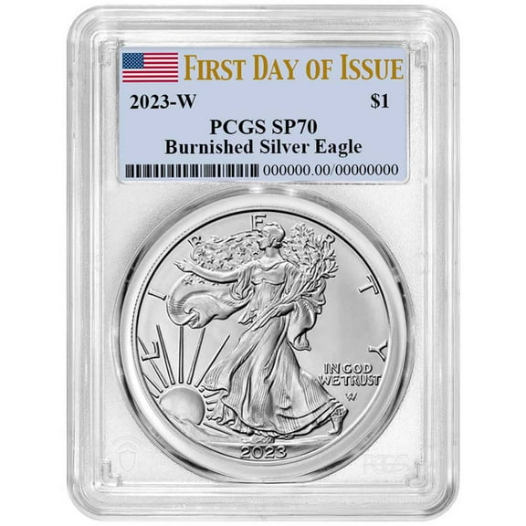 2023-W Burnished $1 American Silver Eagle PCGS SP70 FDOI Flag Label