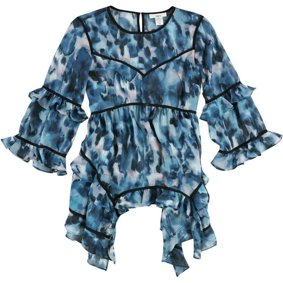 bar III Womens Ruffled Printed Knit Blouse, Blue, X-Small