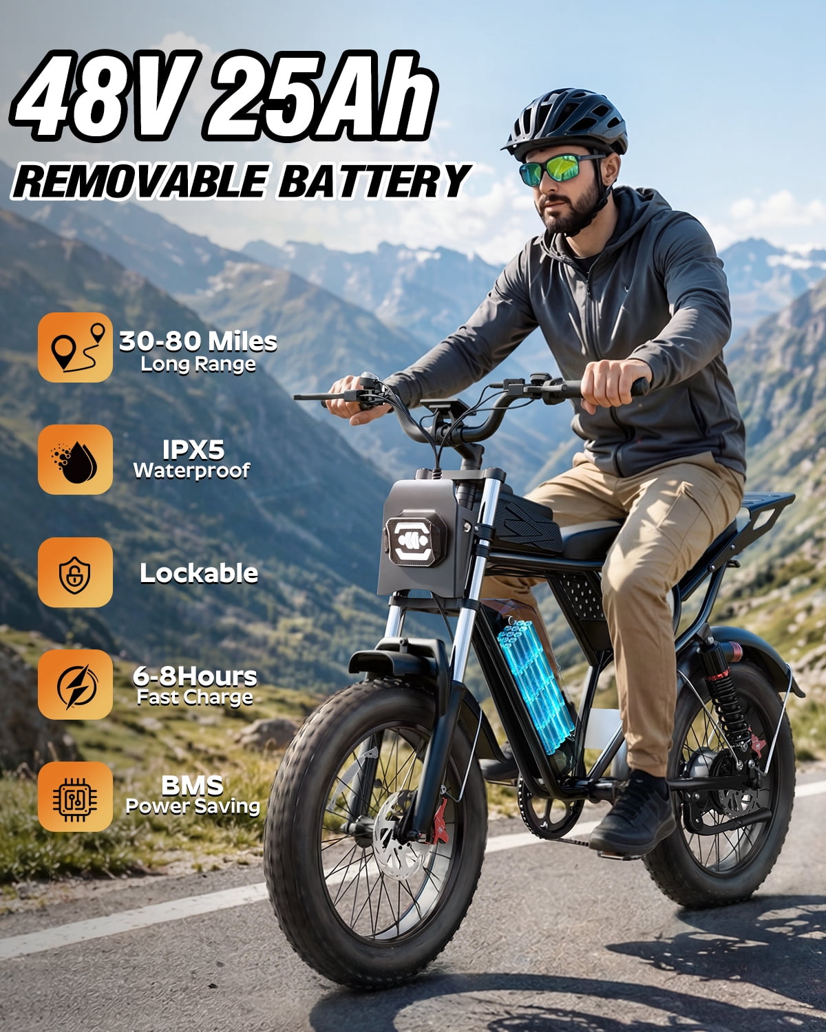 YVY Peak 1500W Electric Bike for Adult, 48V 25AH,Max 90 Miles,Electric Bicycle w/Anti-Theft Alarm,UL 2849, 20" Fat Tires Mountain Bike with APP