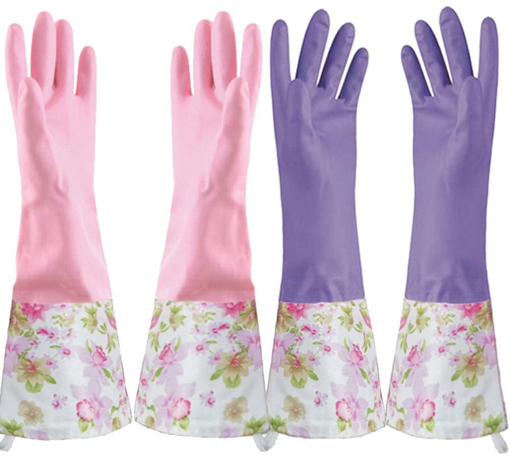 Dishwashing Gloves, Reusable Kitchen Cleeaning Latex Dish Gloves 2 Pair Large