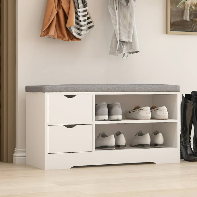 Shoe Storage Bench with drawer & Cushion, 2Tier Shoe Rack