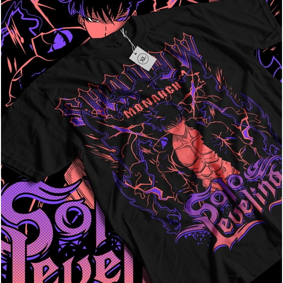 Reprint Rare Solo Leveling T-Shirt Sung Jinwoo Horror Anime Manga Black Gifts Shirt All Size