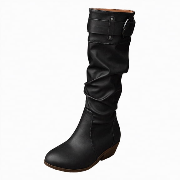 UngA Womens Boot Chunky Low Heel Riding Booties Motorcycle Biker Round Toe Fashion Buckle Western Booties Trendy Stylish Boots Women Mid Calf Black,Size 8.5
