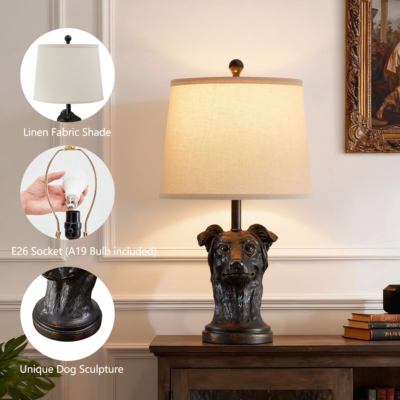 Modern Table Lamp with Linen Shade, 24inch Bedside Lamp with Rotary Switch & Included 9W LED Bulb for Nightstand, Living Room