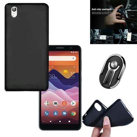 Phone Case for ZTE Avid 579 (Not fit Avid 589)/ Consumer Cellular Postpaid Avid 557 Car Mount / 579 Phone Stand / Gel TPU Cover (Gel Black +BK-3in1 Ring)