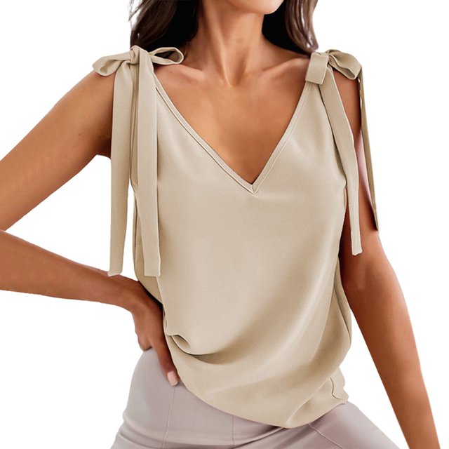 Playeras,Blusas y Tops,Ropa para Mujer Tank Top Vestido 2023 correa de hombro correa de camiseta sin mangas mujer verano Vintage cuello en V Top (Beige, S)