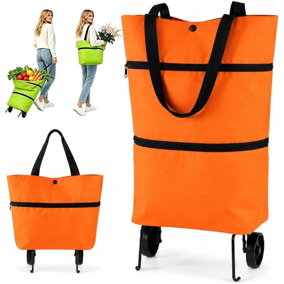 Foldable 2-in-1 Shopping Bag with Wheels, Lightweight Collapsible Shopping Cart, Reusable Shopping Bags Grocery Bags Shopping Travel Bag on Wheels (Orange)