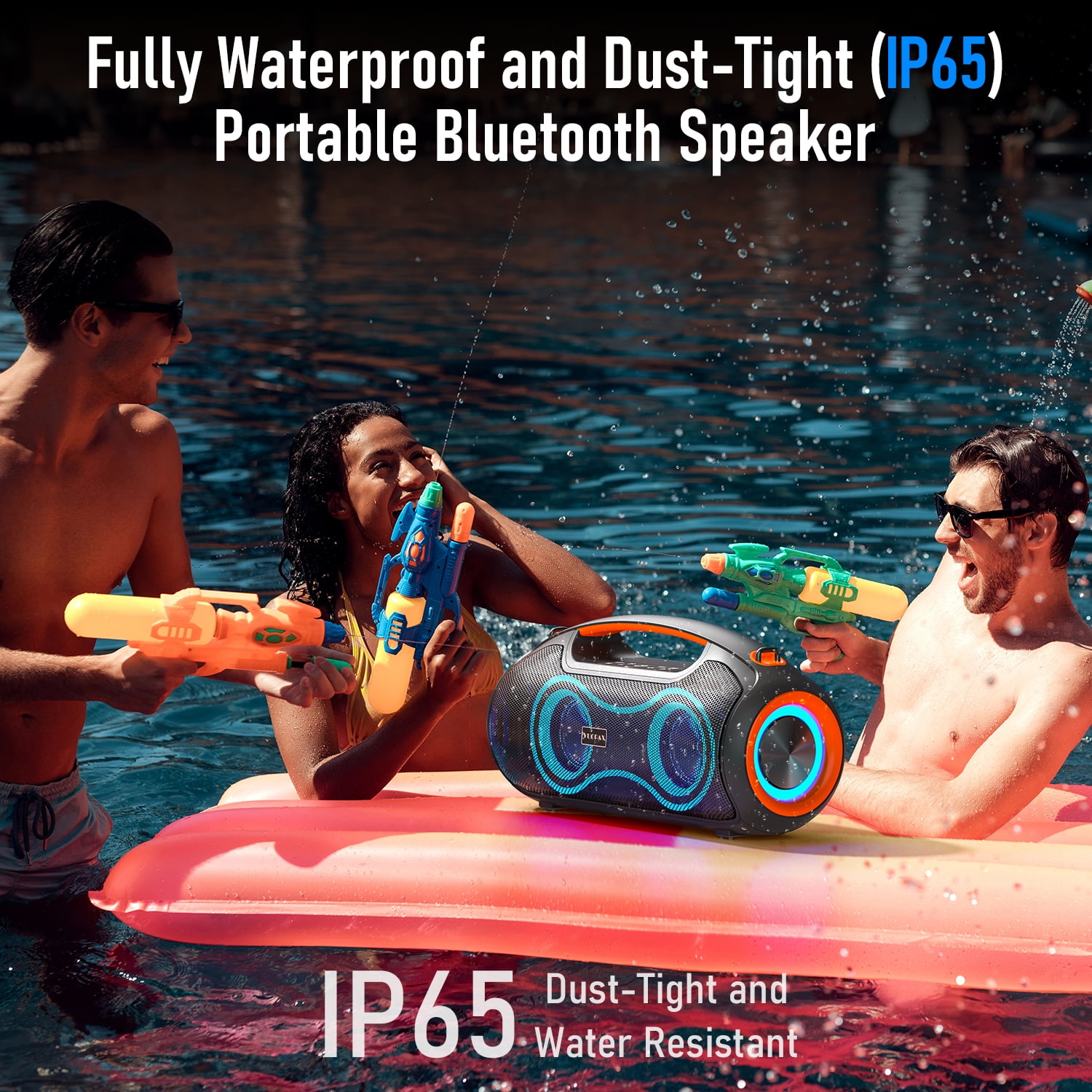 Portable Bluetooth Speaker with Bass Boost,IP65 Waterproof Outdoor Wireless Loud Speaker w/ Dynamic Light,180W Power and USB/AUX/TF Input for Party