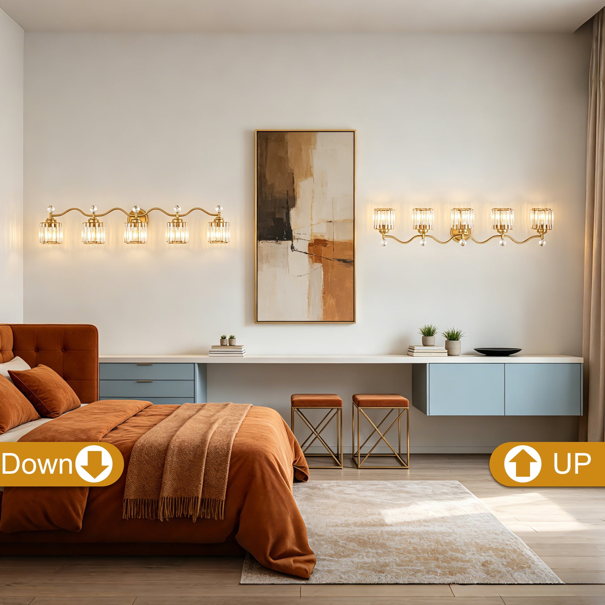 Deyidn 44.5" Modern 5-Light Gold Bathroom Vanity Light - Dimmable Bathroom Transitional Fixture with Crystal Glass Shades