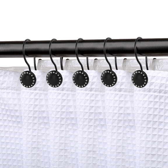 Utopia Alley Decorative Double Shower Curtain Hooks - Rust Proof Shower Curtain Hooks with Acrylic Crystal Design for Bathrooms, Kitchen, Utensils, Curtains, Towels etc - Set of 12, Matt Black