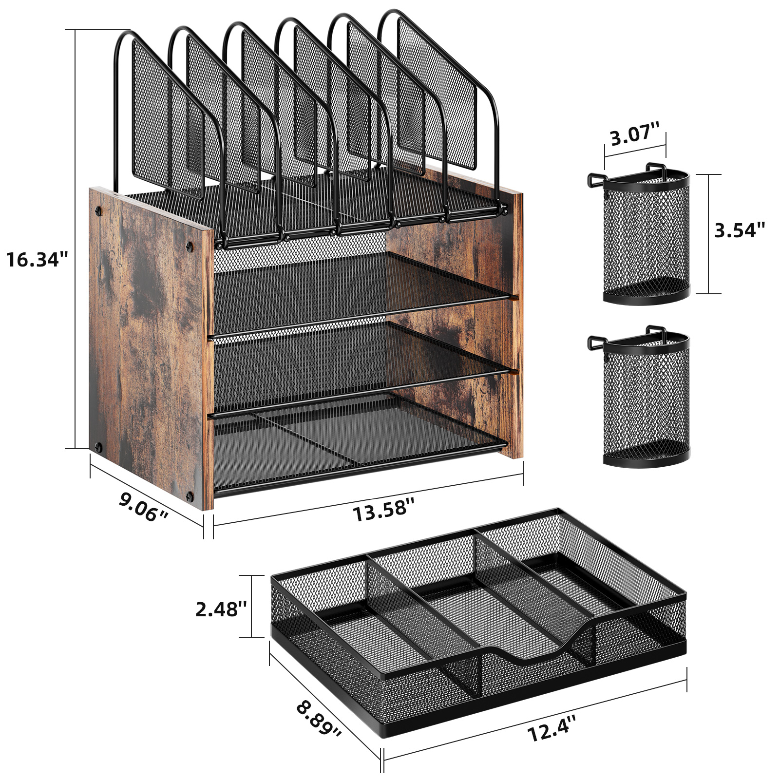Organizador de escritorio de malla de 4 niveles Marbrasse, con 5 porta archivos verticales y 2 porta bolígrafos 2