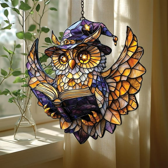 Wizard Owl Acrylic Suncatcher fullxfull Reading Witch Hat Owl with Rainbow Crystal Charm, Magical Window Decor for Book Lovers and Fall Vibes