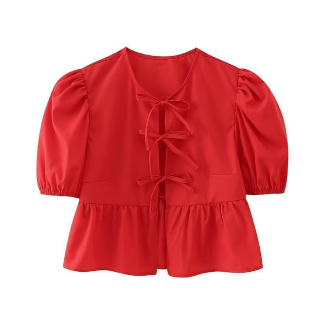 cfhntfmh Hauts d'Été pour Femmes Mode Col Rond Nœud devant Manches Courtes Bouffantes Chemises Babydoll Blouses Décontractées Amples