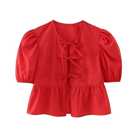 Womens Bow Tie Front Cute Babydoll Tops Puff Sleeve Summer Loose Peplum Ruffle Blouse Y2K Lace Up Going Out Shirts