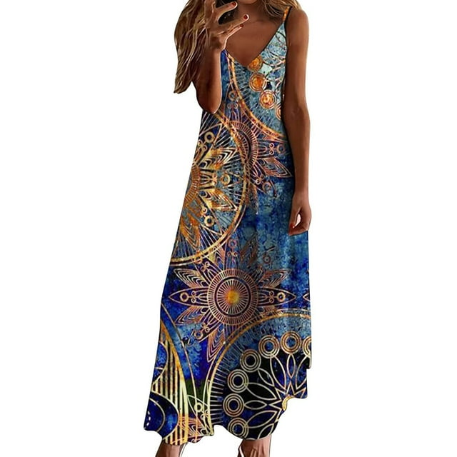 RKSTN Robes Maxi pour Femmes 2024 Mode Décontractée à Imprimé Floral Bohème Sans Manches à Col en V Robe de Plage Ample Grande Taille Évasée Robes d'Été