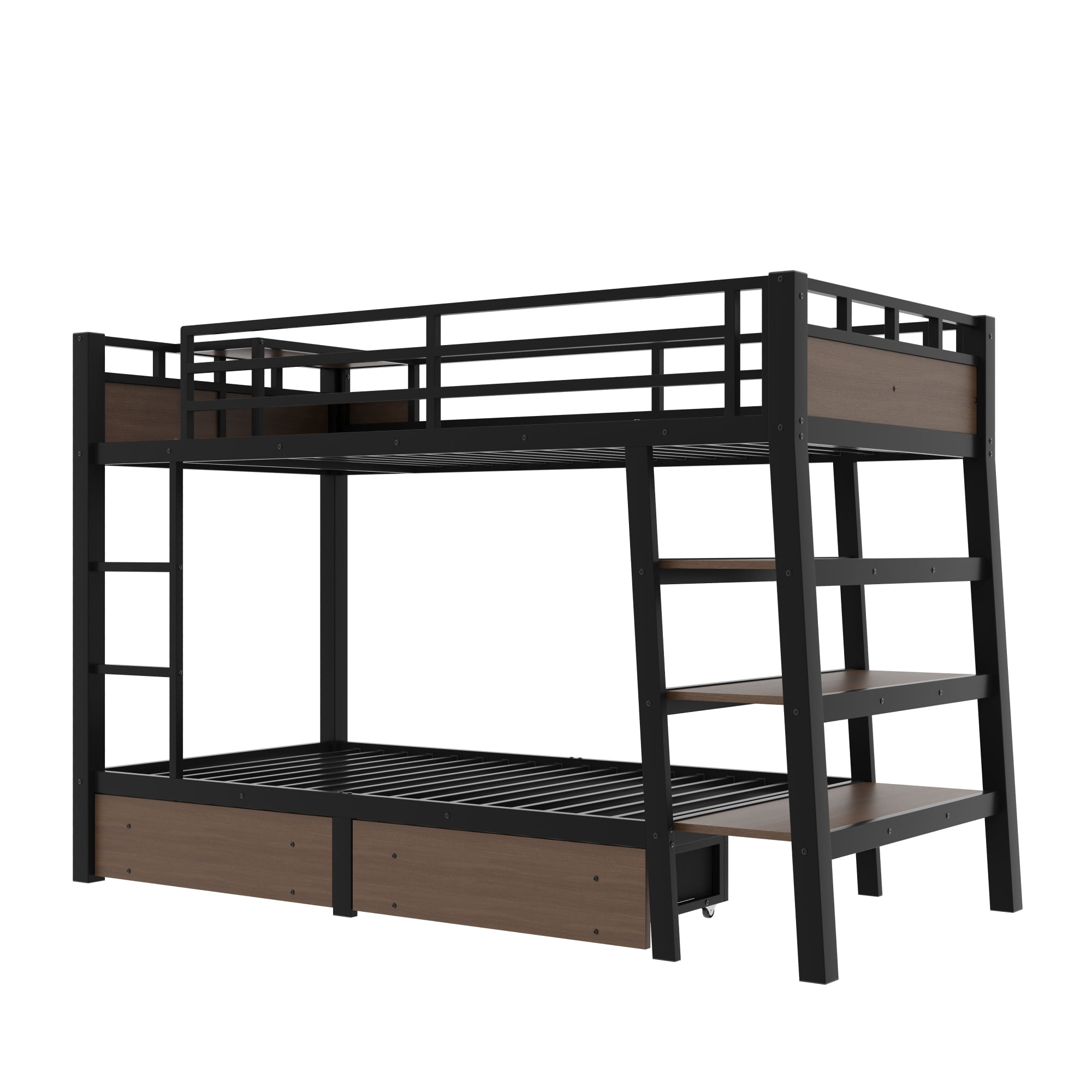 Leumius Twin Size Metal Bunk Bed with 2 Storage Drawer,Heavy Duty Metal Bed Frame with Storage Shelves , LED light Strip and USB Power Strip,Black