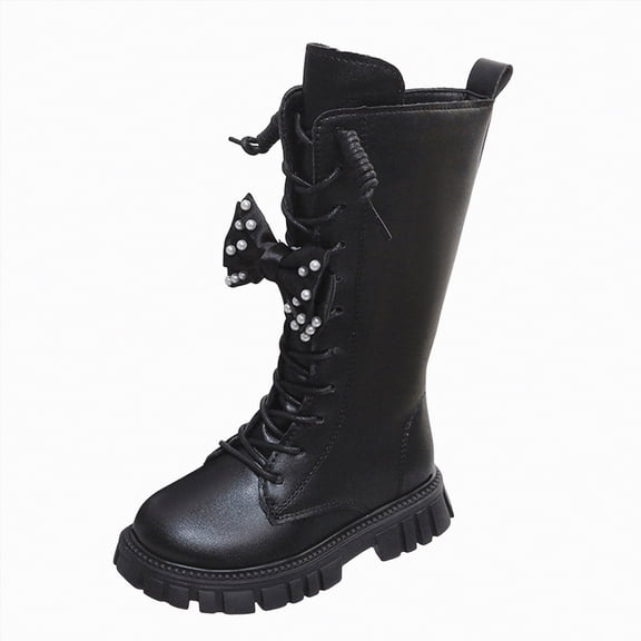 CAICJ98 Boots for Girls Lace Up Combat Boots Mid Calf Boots PU Leather Side Zipper Punk Goth Cowgirl Booties Non Slip Horse Riding Boots Kids (Little Kid/Big Kid),3