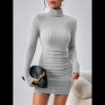 thumbnail image 4 of Vestido Tipo Suéter de Punto Acanalado para Mujer, de Larga, Fruncido, Ajustado, con Cuello Alto y Cintura Alta Gris S, 4 of 9