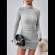thumbnail image 4 of Vestido Tipo Suéter de Punto Acanalado para Mujer, de Larga, Fruncido, Ajustado, con Cuello Alto y Cintura Alta Gris S, 4 of 9