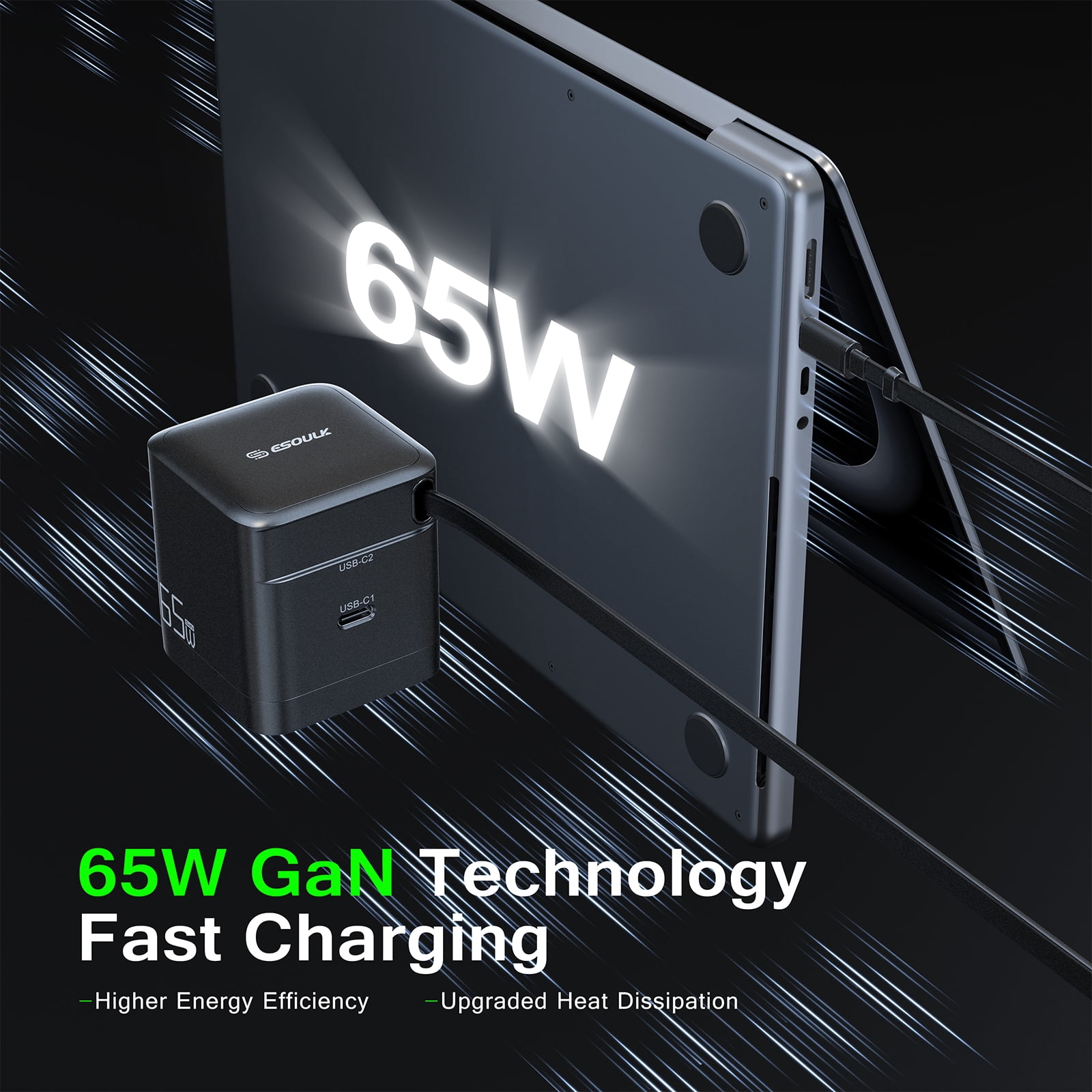 Esoulk 65W Dual USB-C PD 3.0 PPS Wall Charger with Retractable USB-C Cable for Laptops Smartphones