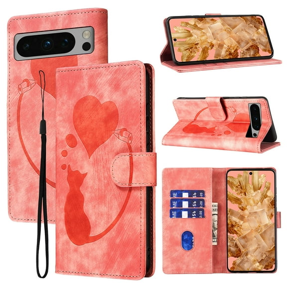 Feishell Cute Case for Google Pixel 8 Pro Wallet,Magnetic Flip Case Credit Card Slots,Embossed Cat Love Heart,Premium Retro PU Leather, RFID Blocking & Wrist Strap & Kickstand Phone Case,Pink