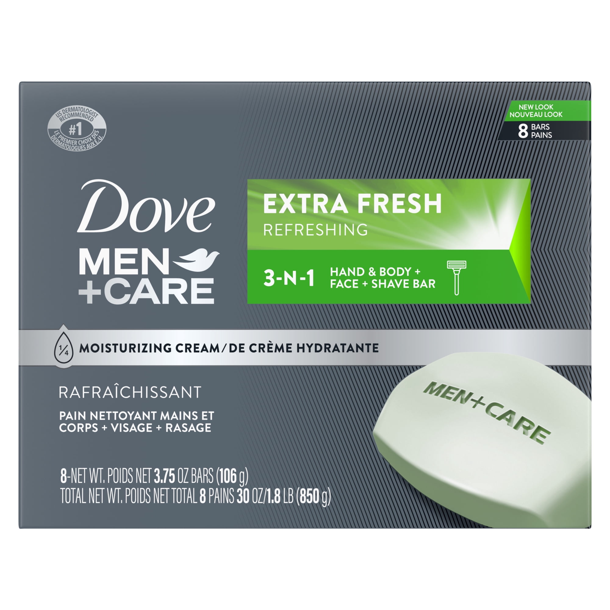 Dove Men+Care 3 in 1 Bar Cleanser For Body, Face, And Shaving To Clean And Hydrate Skin Extra Fresh Body and Facial Cleanser More Moisturizing Than Bar Soap, 3.75 oz 8 Bars