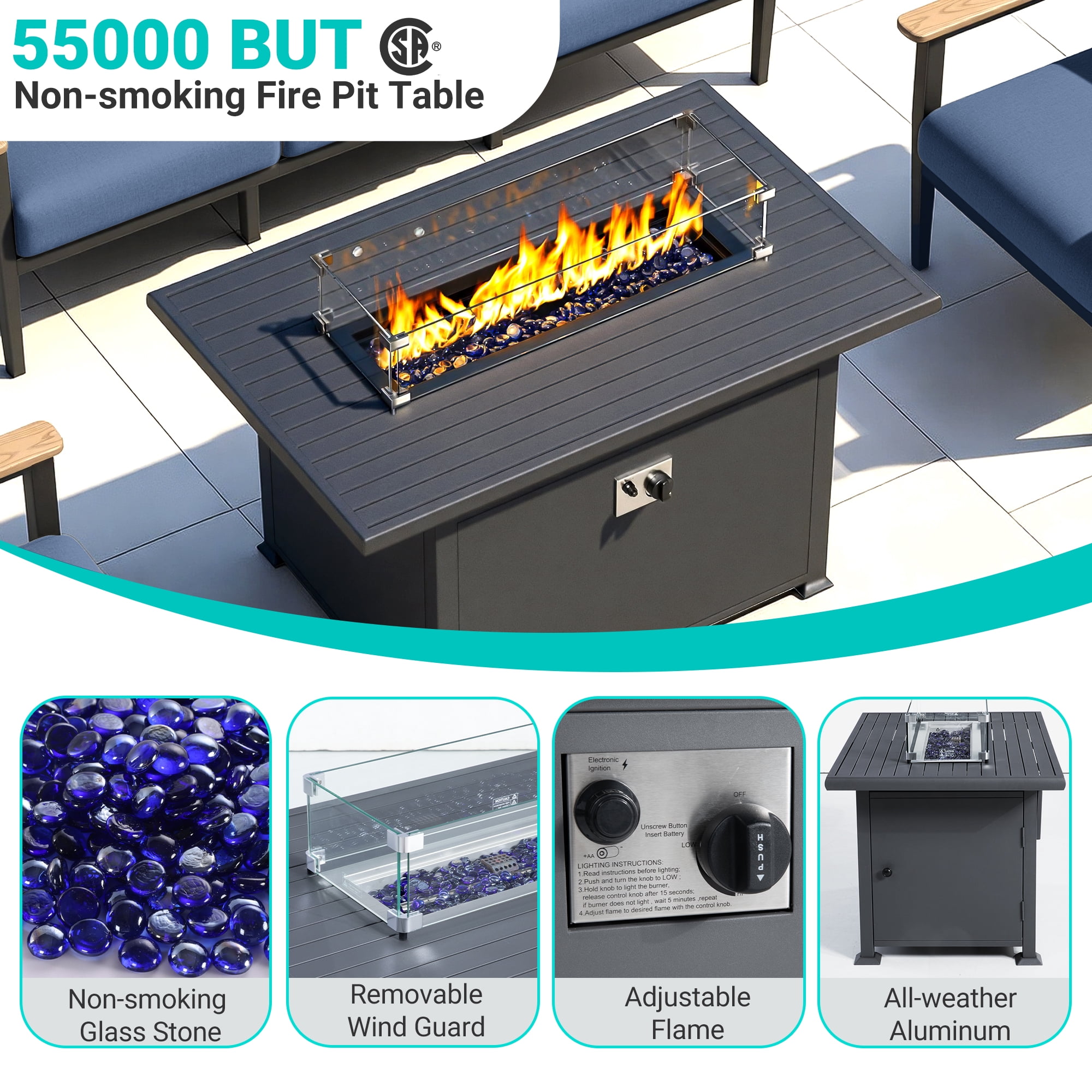 Muphyers 10 Piece Aluminum Outdoor Patio Furniture Set, 55000 BTU CSA Propane Fire Pit Table, 360° Swivel Rocker Sofa Set with Ottomans, All Weather for Backyard, Garden, Porch,Navy Blue