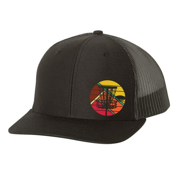Disc Golf Goal Target Retro Mens Embroidered Mesh Back Trucker Hat, Black/Black