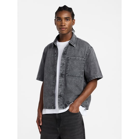 No Boundaries Denim Boxy Fit Shirt with Short Sleeves, Men's XS-4XLT