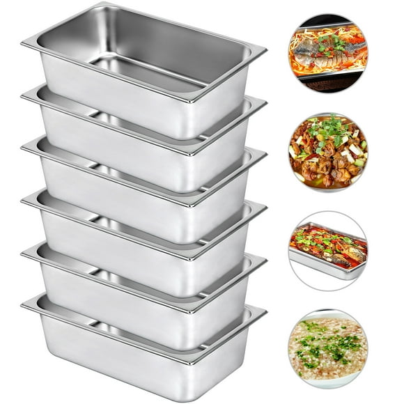 VEVOR 6 Pack Steam Table Pans 20.9 x 12.8 x 5.9 inch Deep Steam Table Pan Full Size 20.5L Deep Food Container Stainless Steel Oven Tray Hotel Pans Anti-Jam Steam Table Food Pan