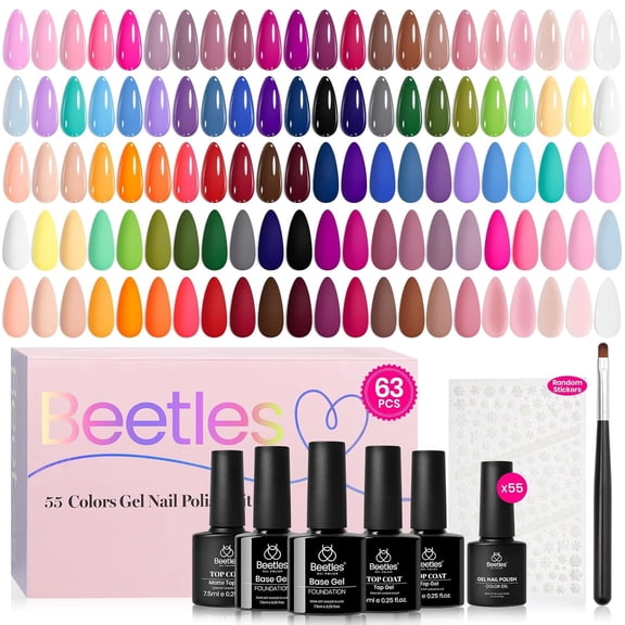 Beetles Gel Nail Polish Set, 63 PCS 55 Colors Gel Polish Kit with Base Coat | with Nail Art Stickers, Brush, Base Coat&Glossy/Matte Top Coat for Uv Led Manicures