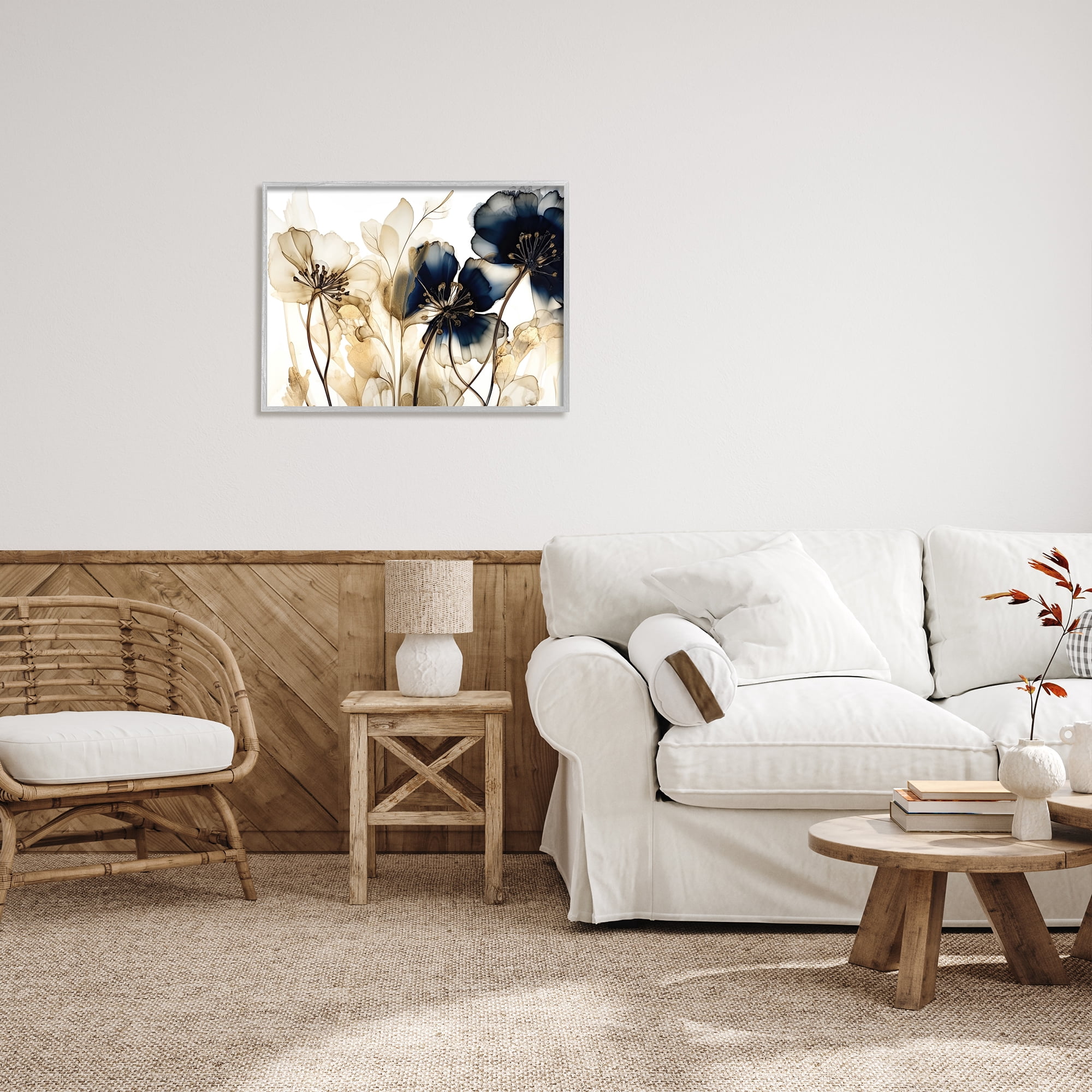 Stupell Industries Navy & Gold Flowers Botanical & Floral Painting Gray Framed Art Print Wall Art, 30 x 24