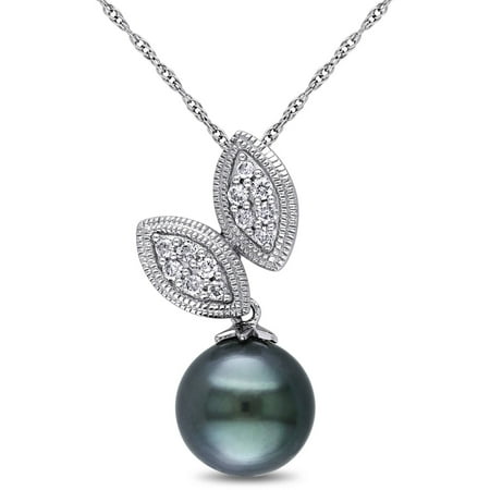 9-9.5mm Black Round Tahitian Pearl and 1/6 Carat T.W. Diamond 10kt White Gold Fashion Pendant, 17