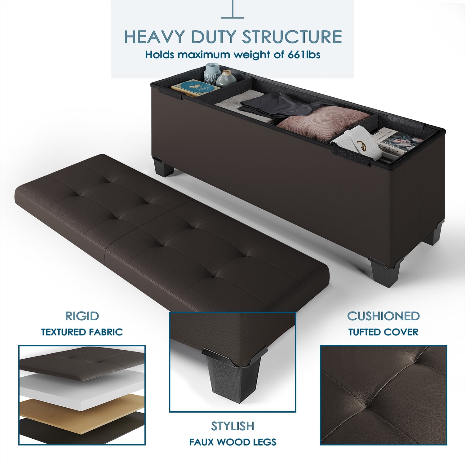 StorageBud Ottoman with Storage Bench, 43-inch Storage Ottoman, Leather, Brown