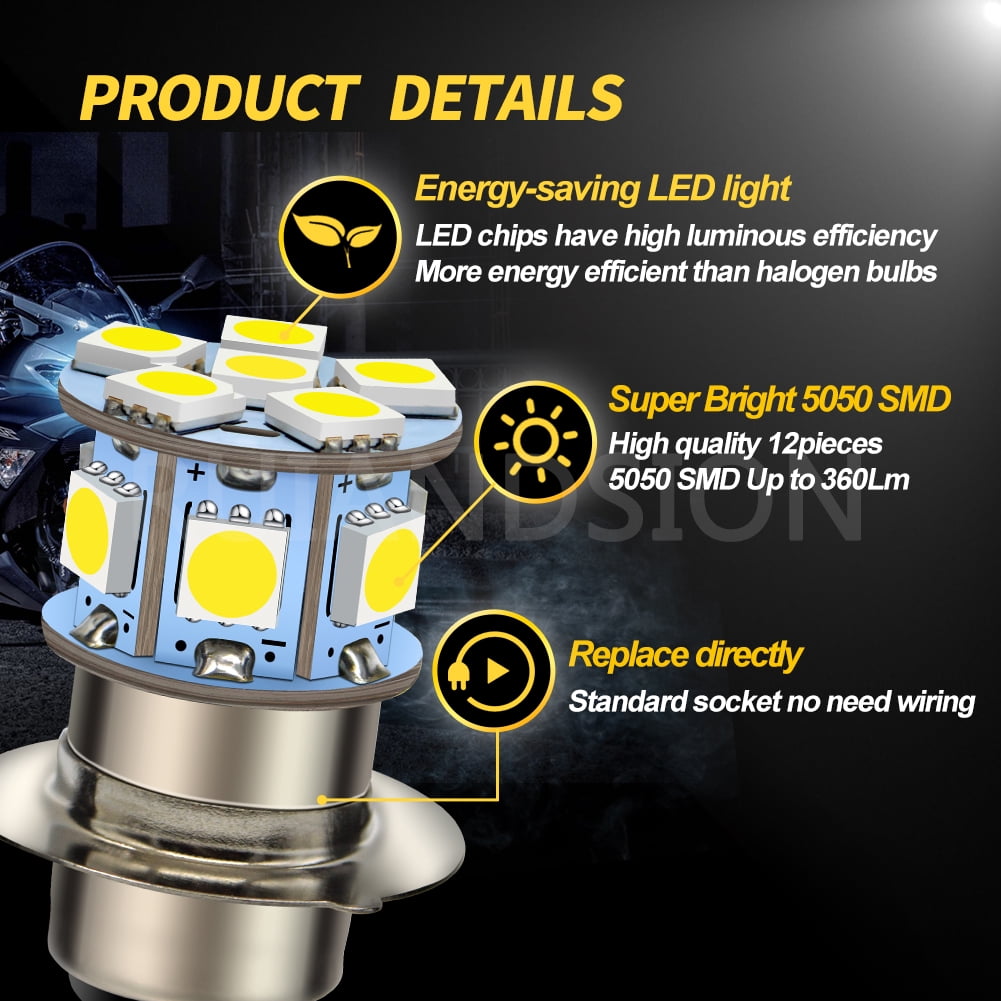 Ruiandsion H6M/P15D LED Motorcycle Headlight Bulbs Hi&Low Beam 6V 6000K White