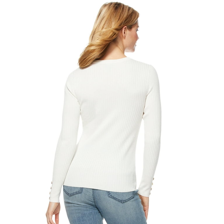 Scoop Ribbed Crewneck Sweater with Button Sleeves Women s