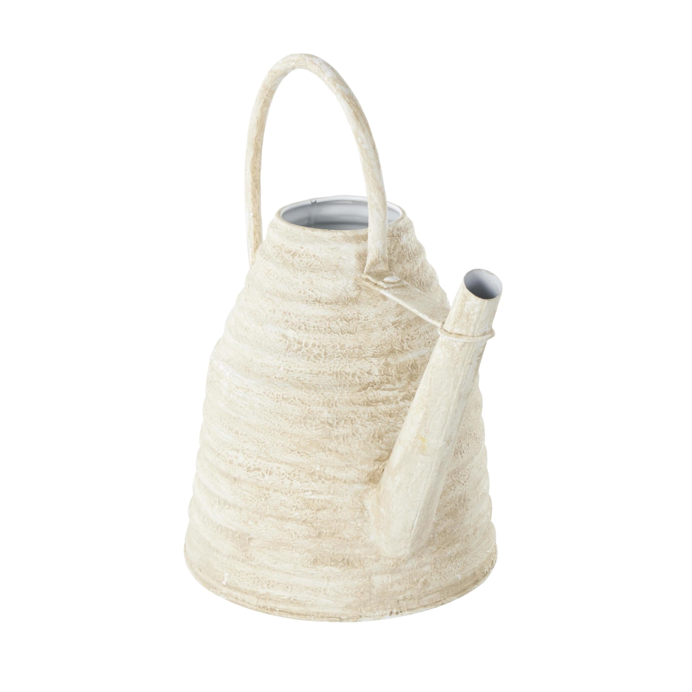 DecMode 14" x 12" Beehive Shaped Watering Can Cream Metal Watering Can Planter with Large Loop Handle