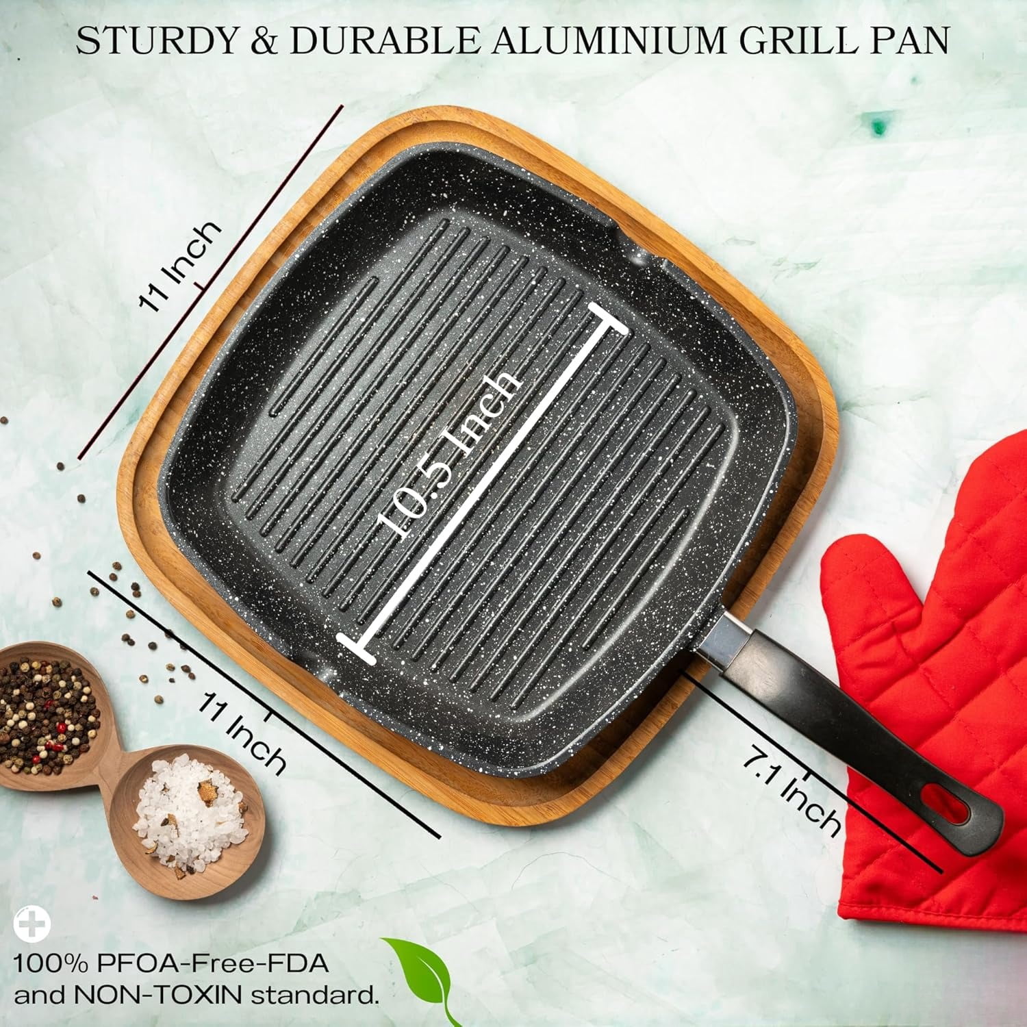 Aluminum Nonstick Grill Pan for Stove Tops, Versatile Griddle Skillet with Pour Spouts, 11 Inch Square Grill Pan Big Cooking Surface, Durable Skillet For Indoor Cooking & Outdoor Grilling